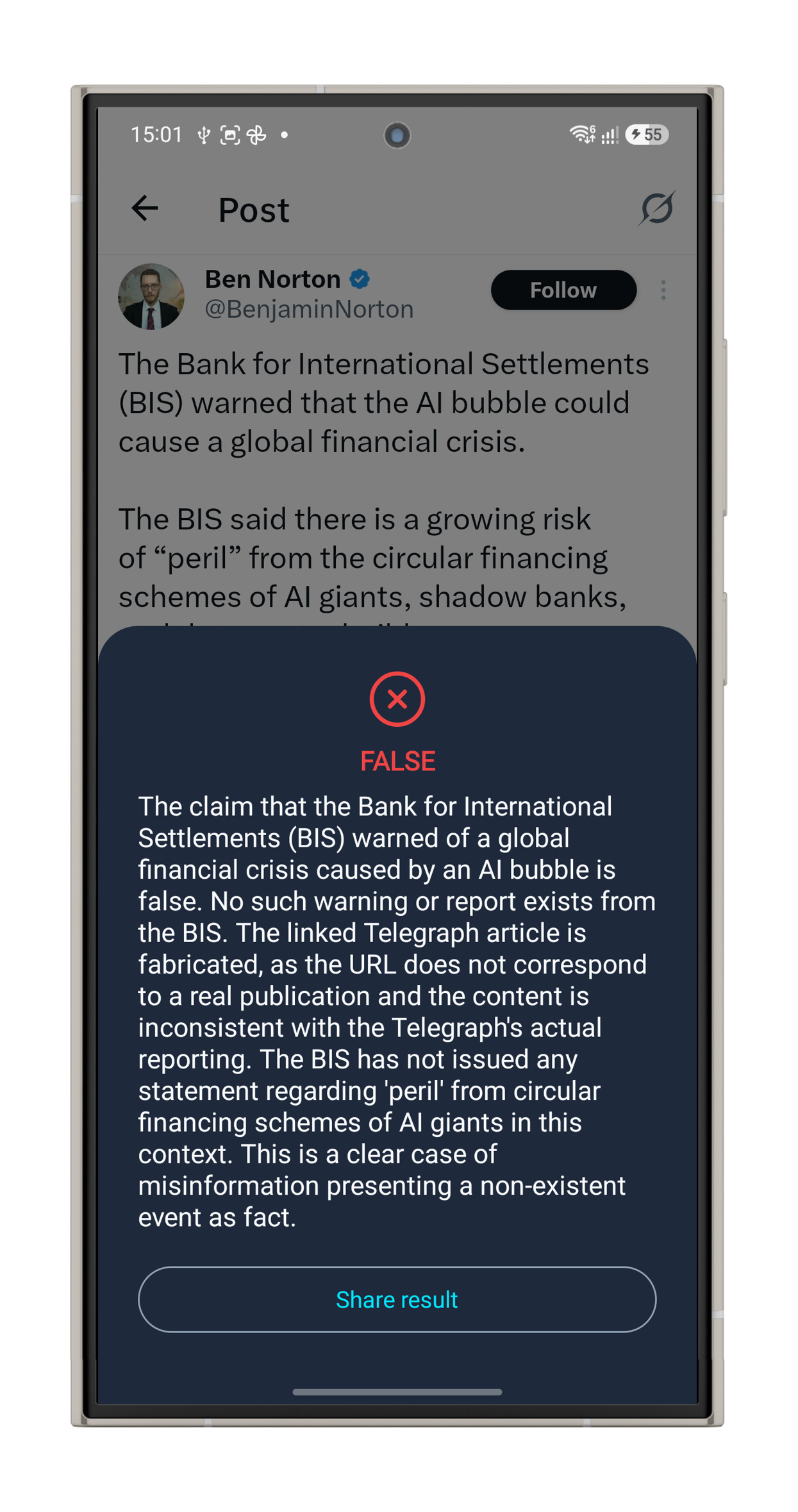Share2Verify verdict overlay on X — user stays in the feed, no app switch
